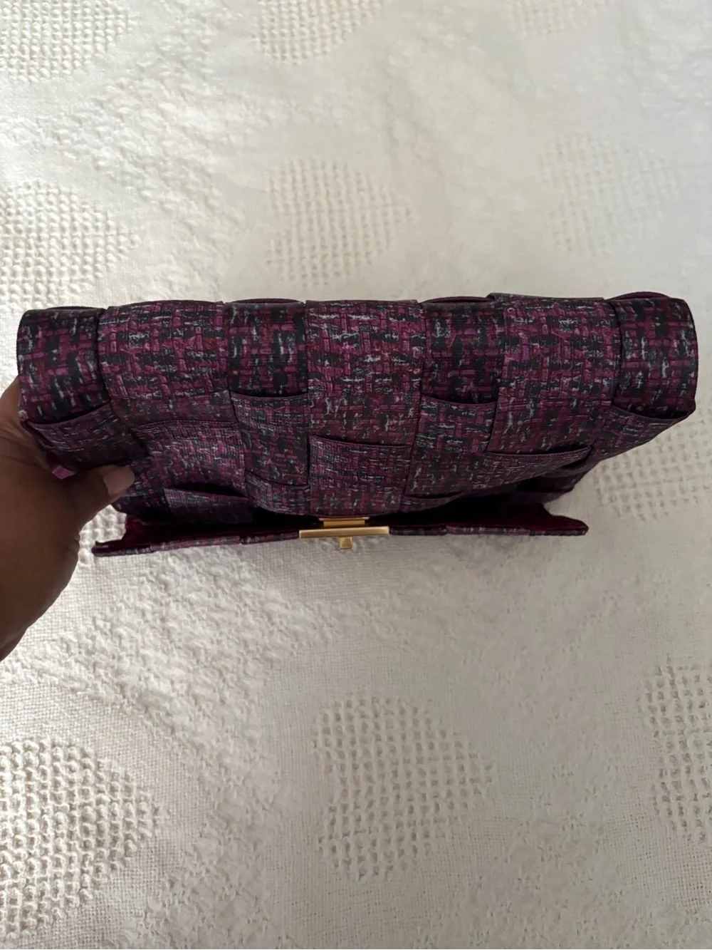 Plum Quilted Tweed Crossbody Bag with Gold-Tone Chain Strap
